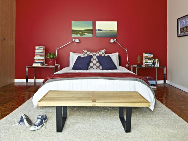 Red Accent Wall Contemporary Bedroom